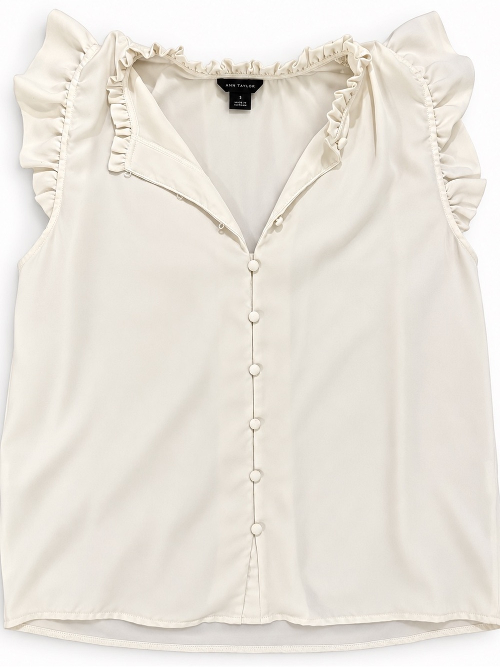 Ann Taylor Cream Ruffle-Trim Sleeveless Button Front Top